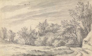 Camino del pueblo con torre de iglesia a lo lejos de Guillam Dubois